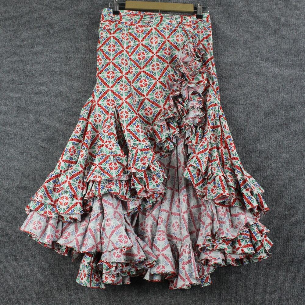 Caroline Constas Floral Tile-Print Ruffled Midi Skirt in Red, Green, Blue